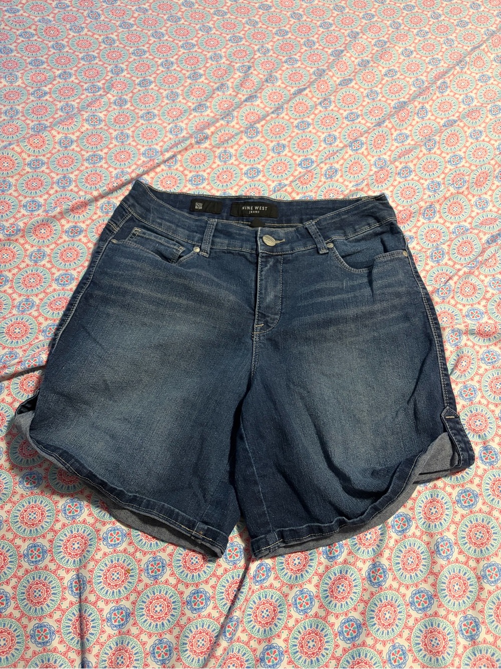 Nine West Dark Blue Rolled-Hem Denim Shorts